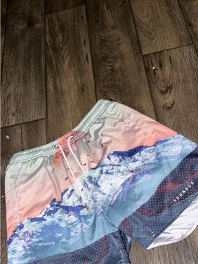 Sunset Mountain Print Athletic Shorts - Blue, Pink, Cream